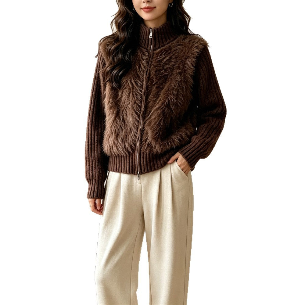 Stand up collar cardigan, double zipper long sleeved sweater