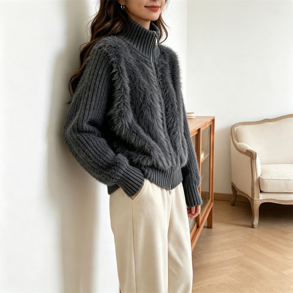 Stand up collar cardigan, double zipper long sleeved sweater