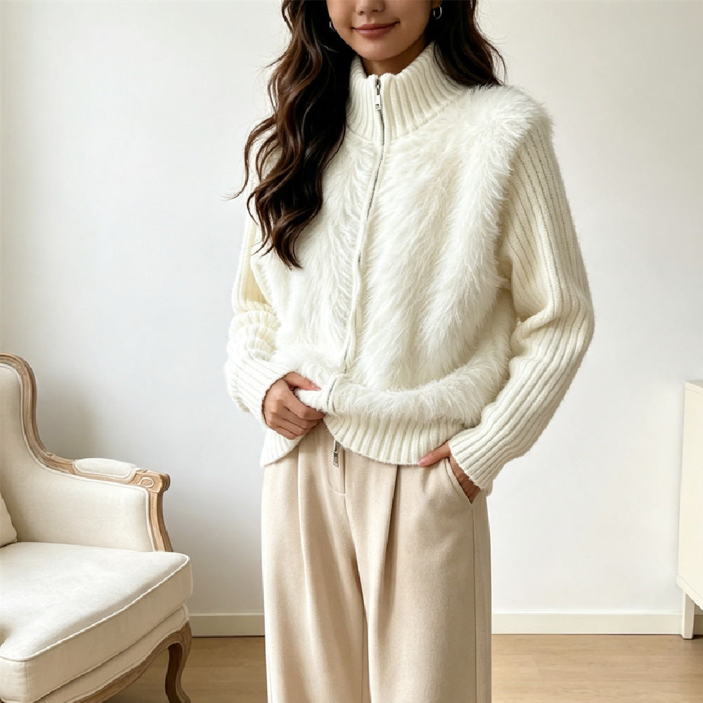 Stand up collar cardigan, double zipper long sleeved sweater