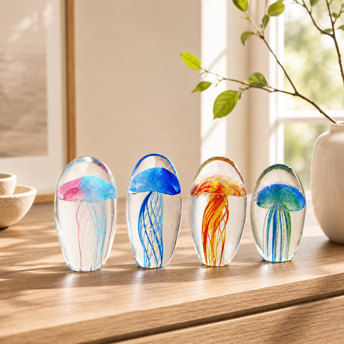 Handmade Glass Glow-in-the-Dark Jellyfish Ornament, Glass Paperweight, Ocean-Style Desk Decoration, Wholesale