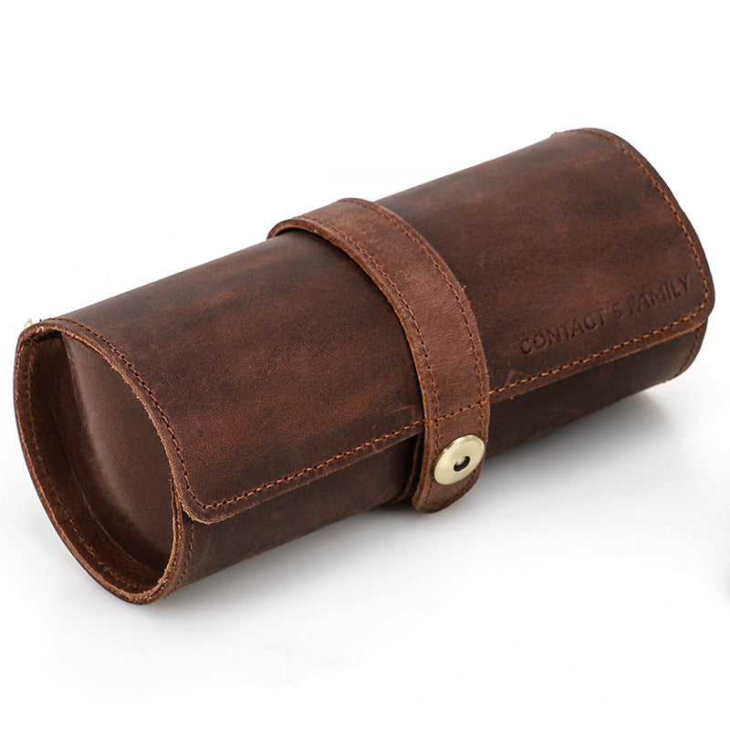 CONTACTS FAMILY Vintage Crazy Horse Leather Watch Storage Box with Round Buckle Clasp - 3 Pack