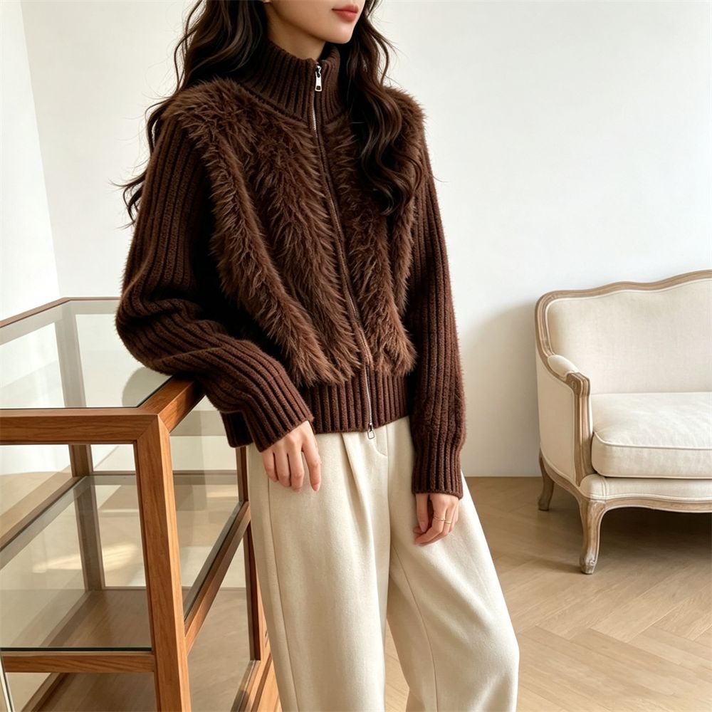 Stand up collar cardigan, double zipper long sleeved sweater