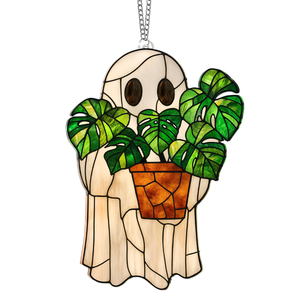 Halloween Stained Glass Ghost Plant Ornament, Suncatcher Decor