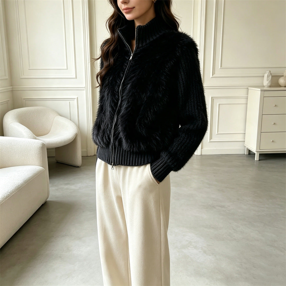 Stand up collar cardigan, double zipper long sleeved sweater