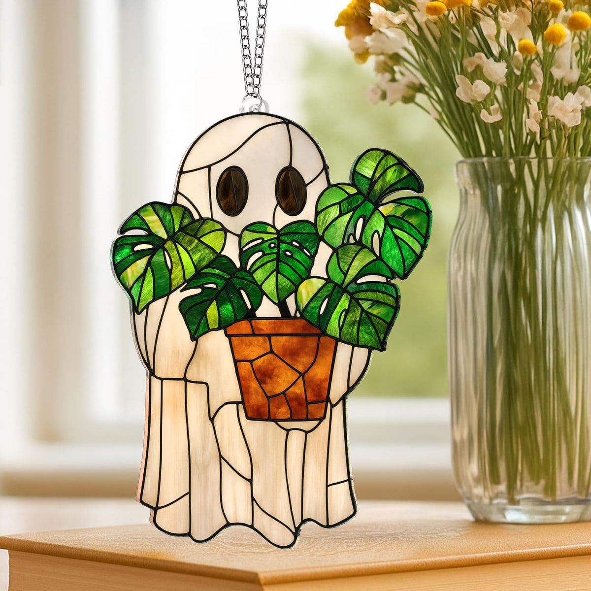 Halloween Stained Glass Ghost Plant Ornament, Suncatcher Decor