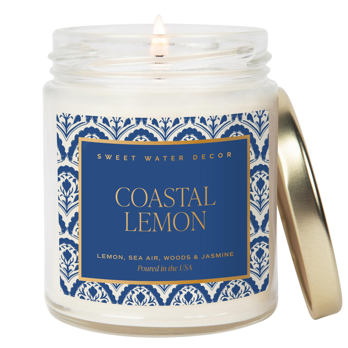 Sweet Water Decor Salt and Sea Patterned Candle – Soy Candles with Sea Salt, Citrus, Musk, Amber Aroma– 40 Hour Burn – 9oz Clear Glass Jar – Ocean Summer Candles for Home Decor