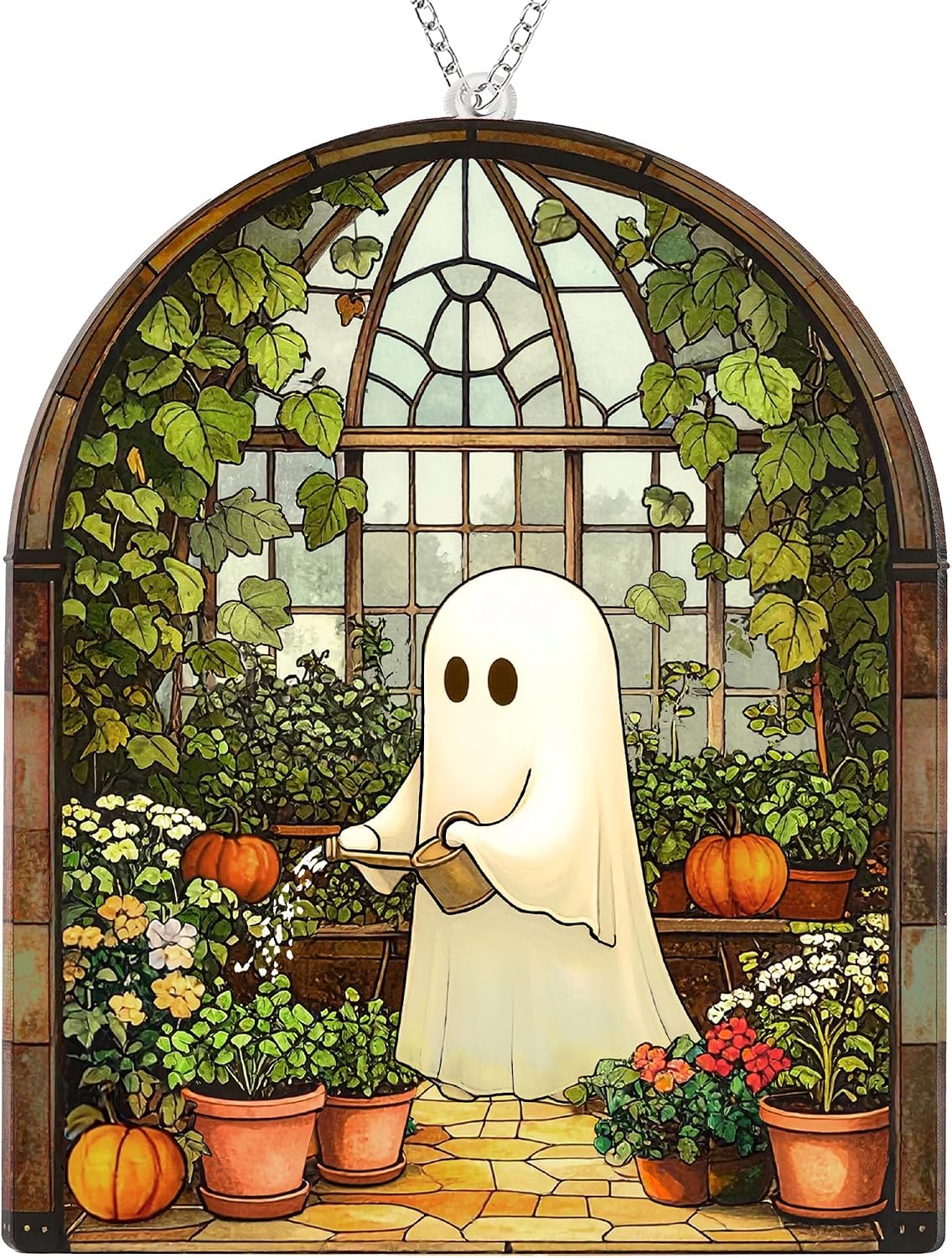 Halloween Stained Glass Ghost Plant Ornament, Suncatcher Decor