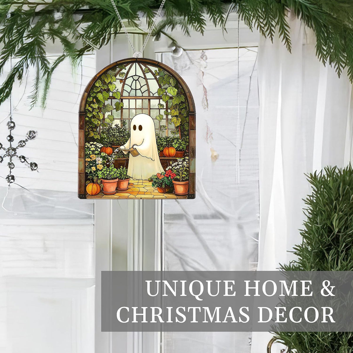 Halloween Stained Glass Ghost Plant Ornament, Suncatcher Decor
