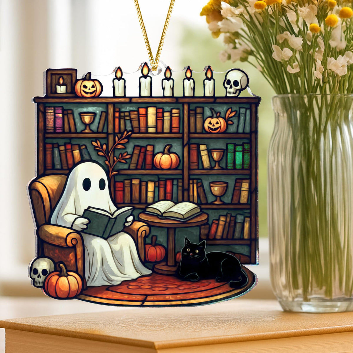Halloween Stained Glass Ghost Plant Ornament, Suncatcher Decor