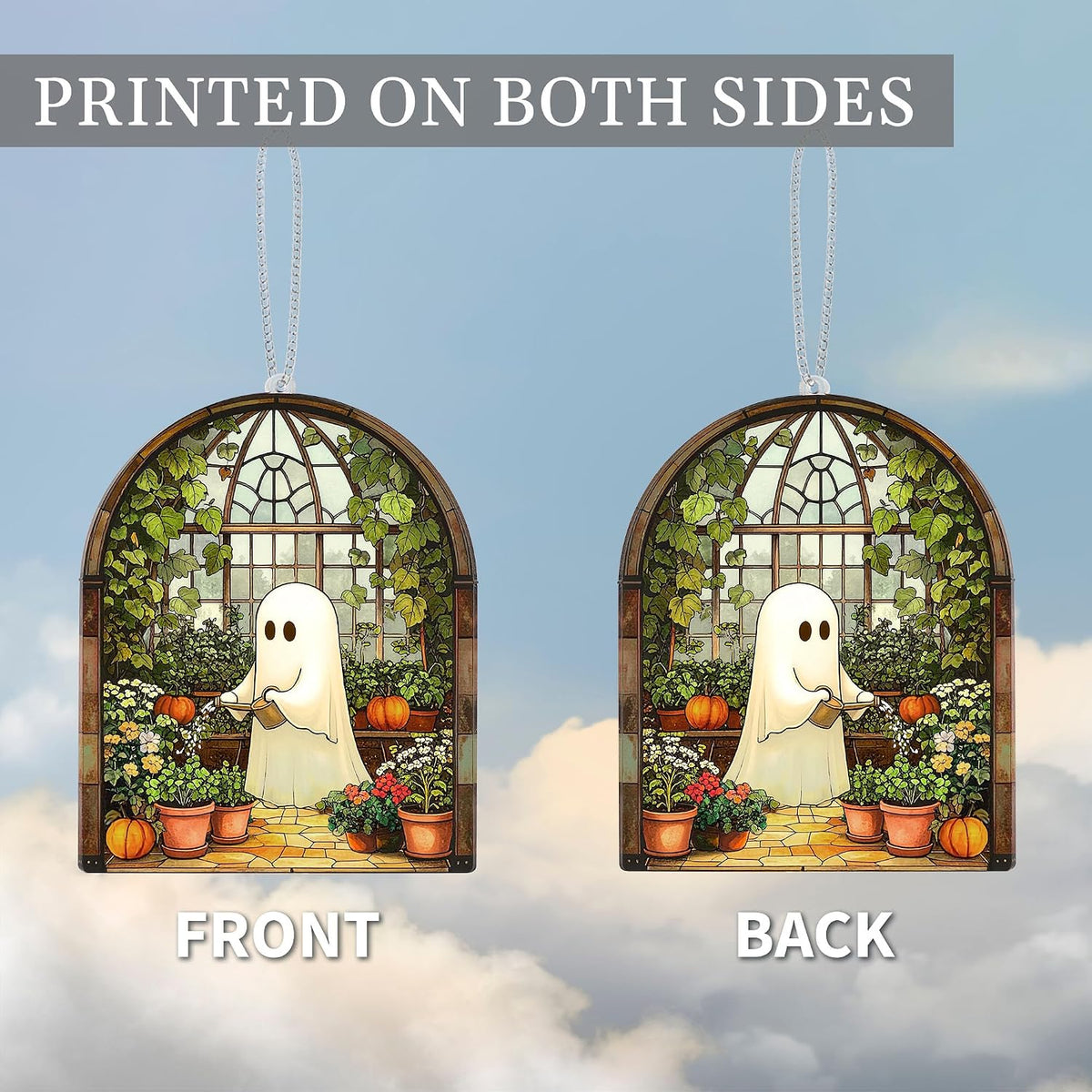 Halloween Stained Glass Ghost Plant Ornament, Suncatcher Decor