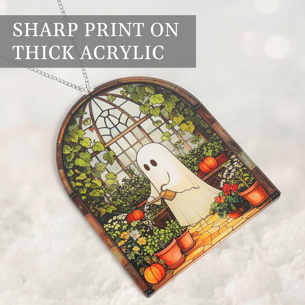 Halloween Stained Glass Ghost Plant Ornament, Suncatcher Decor
