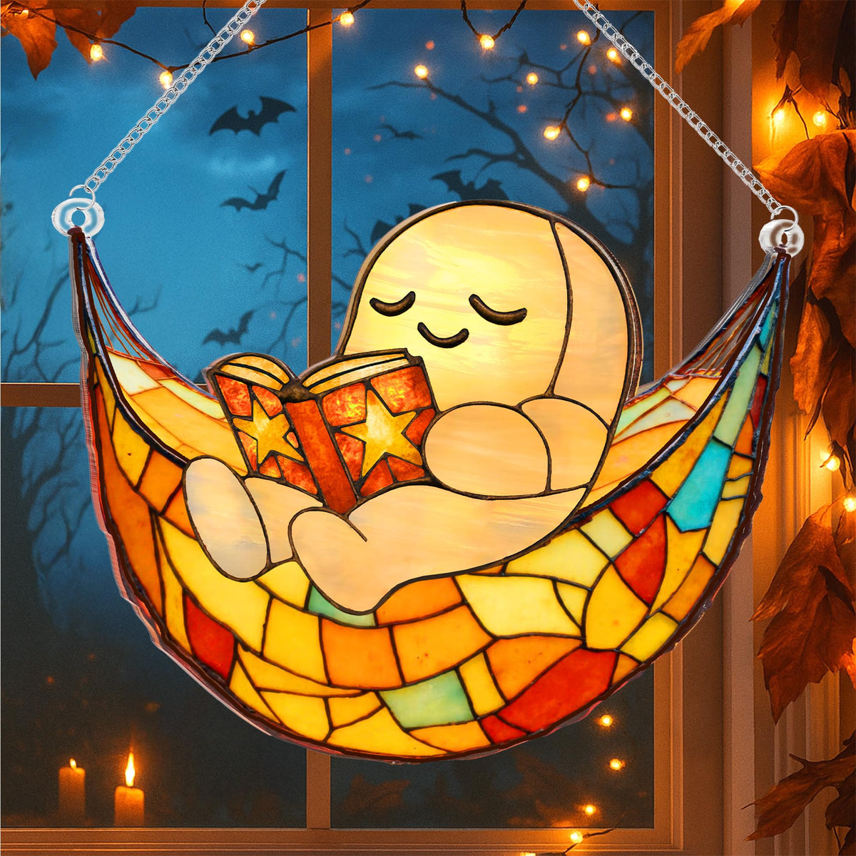 Halloween Stained Glass Ghost Plant Ornament, Suncatcher Decor