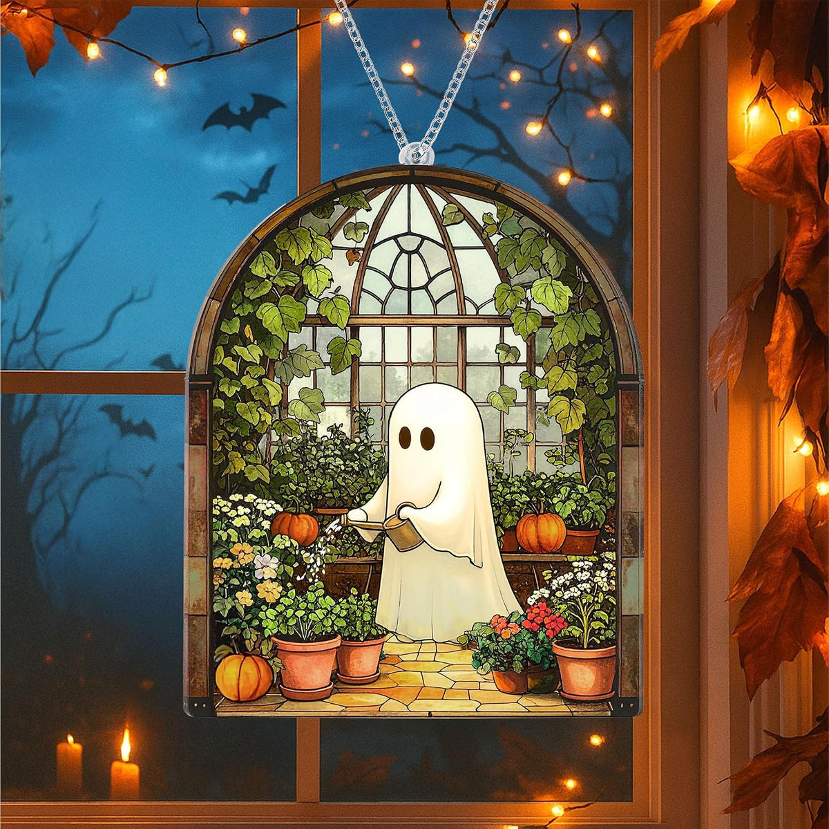 Halloween Stained Glass Ghost Plant Ornament, Suncatcher Decor