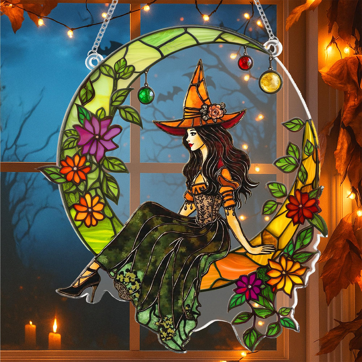 Halloween Stained Glass Ghost Plant Ornament, Suncatcher Decor