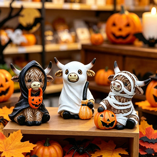 Halloween Highland Cow Resin Pumpkin Animal Figurine for Home Decoration