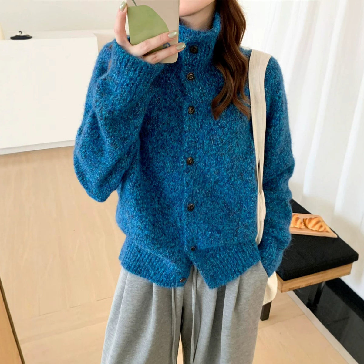 High neck single breasted sweater