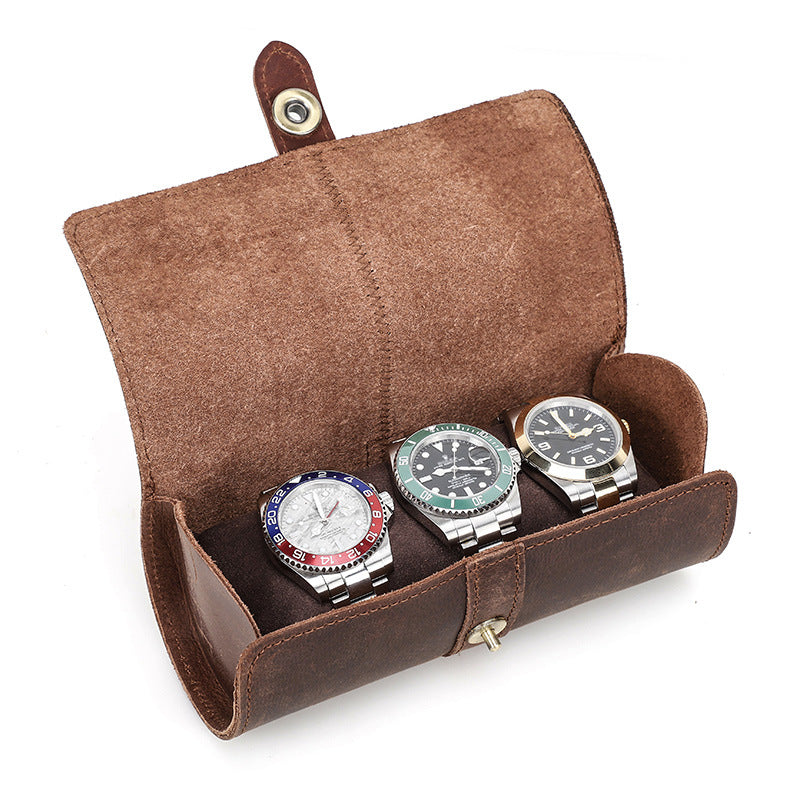 CONTACTS FAMILY Vintage Crazy Horse Leather Watch Storage Box with Round Buckle Clasp - 3 Pack