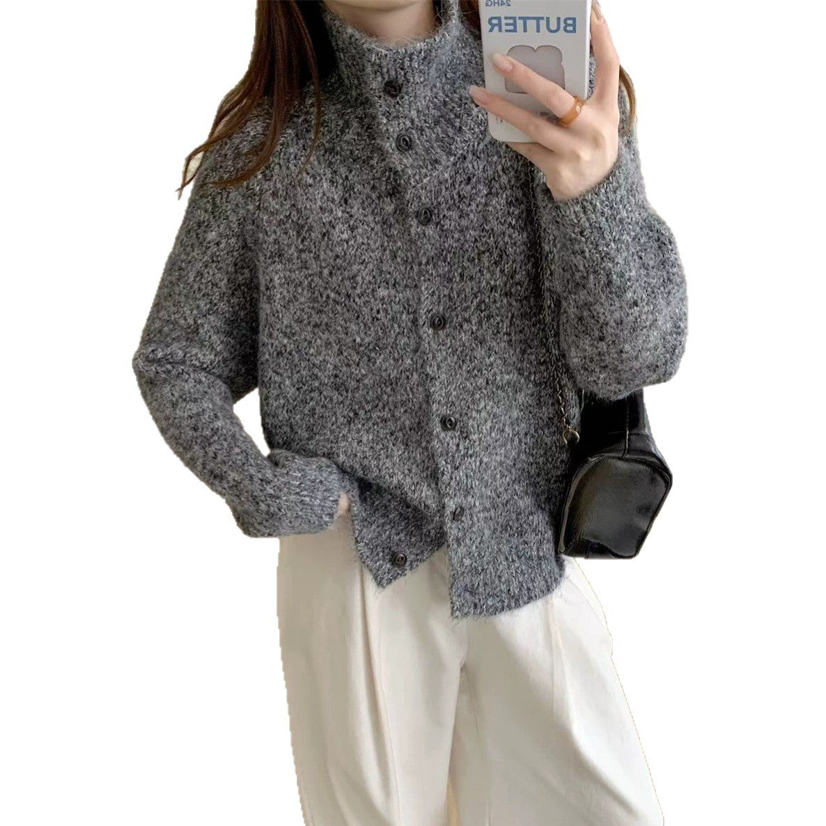 High neck single breasted sweater