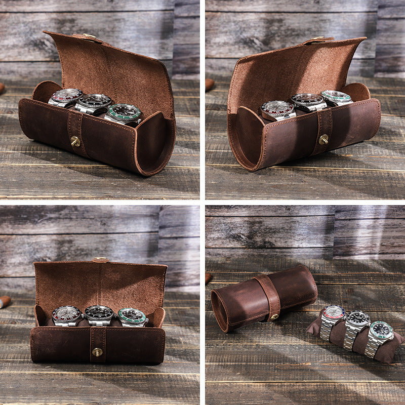 CONTACTS FAMILY Vintage Crazy Horse Leather Watch Storage Box with Round Buckle Clasp - 3 Pack